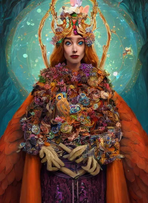 Image similar to an anthropomorphic beautiful goddess female wizard made of owl portrait holding a staff wearing colourful robe, fine art, award winning, intricate, elegant, sharp focus, octane render, hyperrealistic, cinematic lighting, highly detailed, digital painting, 8 k concept art, art by jamie hewlett and z. w. gu, masterpiece, trending on artstation, 8 k