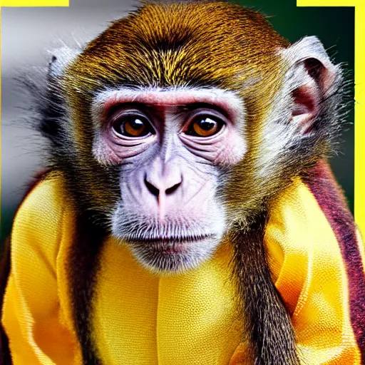 Image similar to a monkey wearing a yellow kimono, 8 k