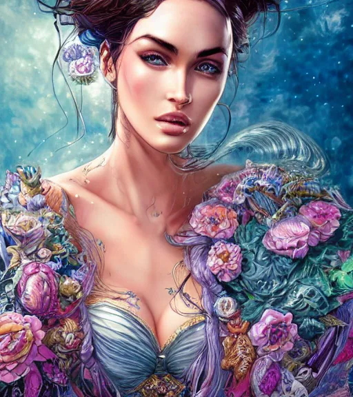 Prompt: the portrait of the absurdly beautiful, graceful, elegant, gorgeous, sensual megan fox anime goddess made of crystals, an ultrafine hyperdetailed illustration by kim jung gi, irakli nadar, intricate linework, bright colors, octopath traveler, final fantasy, unreal engine 5 highly rendered, global illumination, radiant light, intricate environment