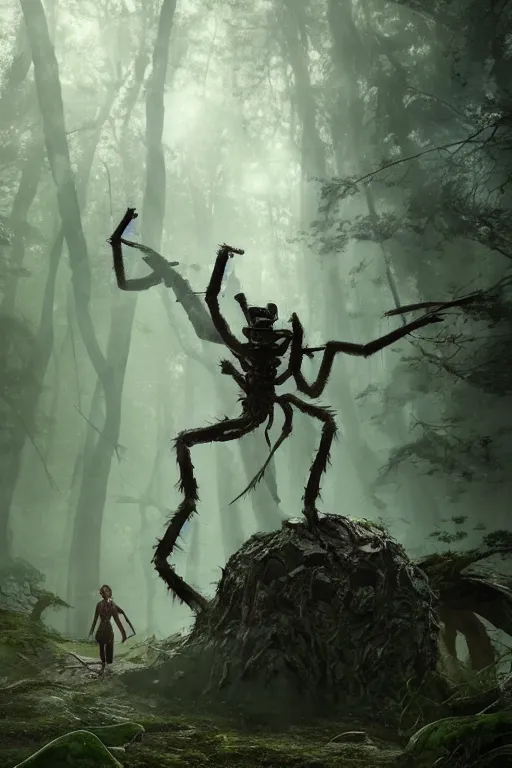 Image similar to A small character standing before a giant spider in the forest by Greg Rutkowski, Sung Choi, Mitchell Mohrhauser, Maciej Kuciara, Johnson Ting, Maxim Verehin, Peter Konig, final fantasy , 8k photorealistic, cinematic lighting, HD, high details, atmospheric,