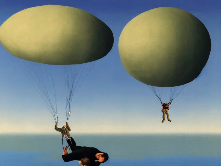 Prompt: Tom Cruise parachuting on a small island in the middle of a big lake painting by rene magritte, high detail, high resolution