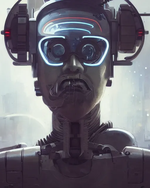 Image similar to a laboratory operator man with cybernetic enhancements seen from a distance, halfbody portrait, scifi character portrait by greg rutkowski, peter mohrbacher, daytoner, cinematic lighting, dystopian scifi gear, profile picture, mechanical, cyborg, half robot