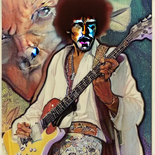 Image similar to Jimy Hendrix playing electric guitar by Alfons Mucha, masterpiece