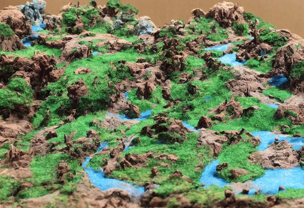 Image similar to claymation landscape, miniature stop motion