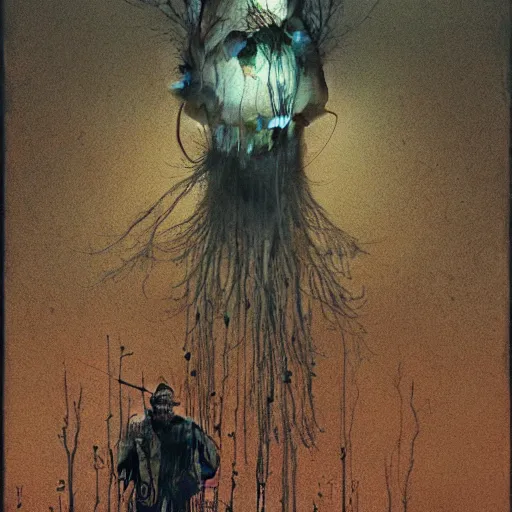 Image similar to robot ghost, glitch distortion, unbearable anxiety, tension, man just out of frame, by Stephen Gammell and Beksinski and Stalenhag.