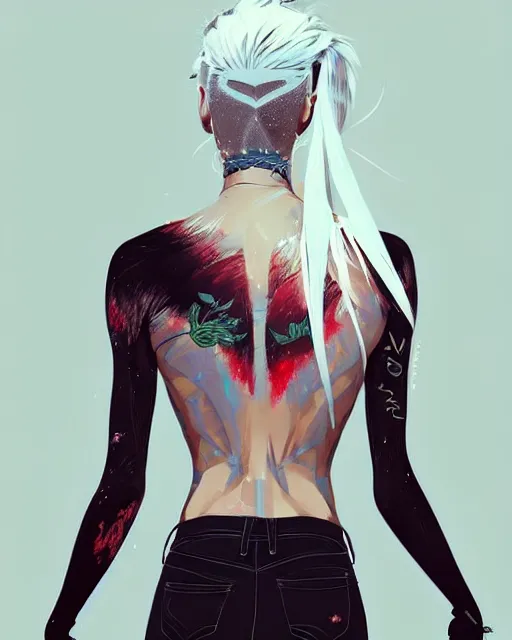 Image similar to a ultradetailed beautiful back painting of a stylish woman with white hair in a short pony tail, she is wearing jeans, by conrad roset, greg rutkowski and makoto shinkai trending on artstation