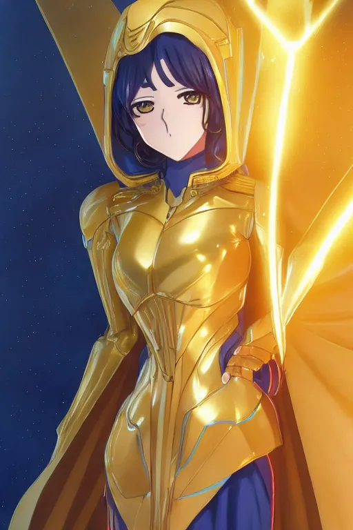 Prompt: anime key visual of a beautiful young female doctor fate!! intricate, gold and blue suit, cape, glowing, powers, dc comics, cinematic, stunning, highly detailed, digital painting, artstation, smooth, hard focus, illustration, art by artgerm and greg rutkowski and alphonse mucha