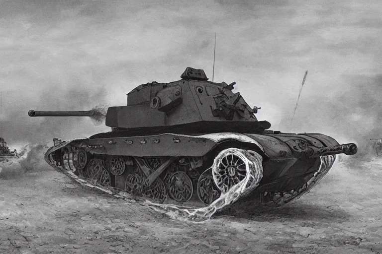 Prompt: huge british tank with naval cannon, interwar period, artist's impression, black and white line art, thundering tracks, churning up dust, explosions in background