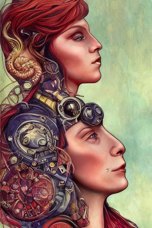 Prompt: realistic detailed beautiful portrait a space pirate by Anna and Elena Balbusso, Art Nouveau, rich deep vibrant colors