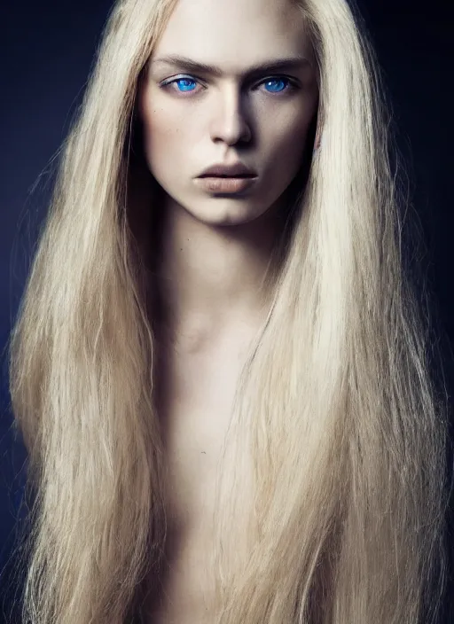 Image similar to a gorgeous female with long blonde hair, photo by mert alas, mert and marcus, realistic, full body shot, wide angle, sharp focus, 8 k high definition, insanely detailed, intricate, elegant, floating embers