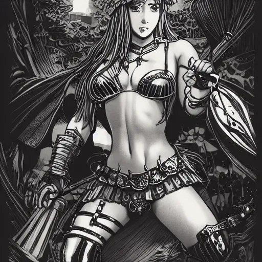 Image similar to precisely drawn illustration of anime red sonja, old-fashioned tarot card, victorian playing card, sepia tone, wide angle, sharp, fine details, anime, manga, cyberpunk, intense line art, 8k, precise linework, realistic, shaded lighting by katsuhiro otomo ghost-in-the-shell, magali villeneuve, artgerm, rutkowski Jeremy Lipkin and Giuseppe Dangelico Pino and Michael Garmash and Rob Rey