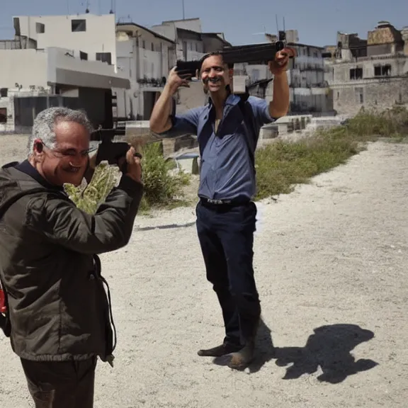 Image similar to antonio costa, smiling, pointing a gun at the camera, pulitzer prize winning photograph