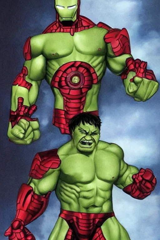 Image similar to a cross between iron man and hulk