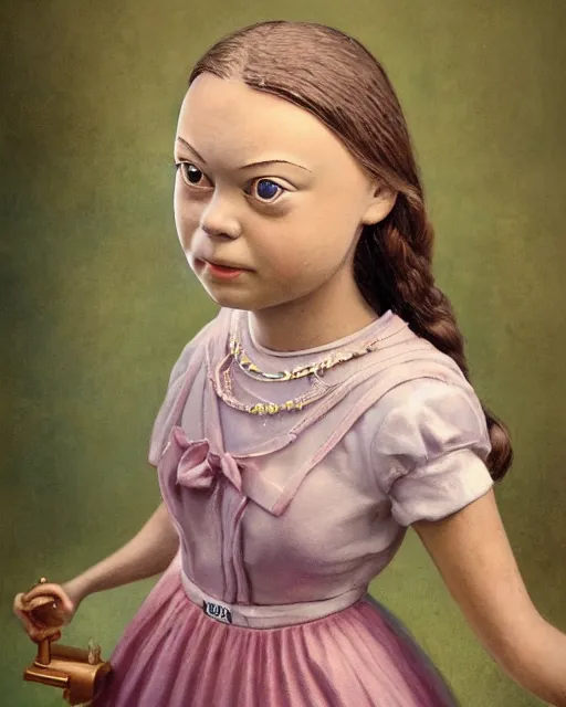 Image similar to closeup face profile portrait of greta thunberg as a tin toy 1 9 5 0 s prom queen, bikini, depth of field, zeiss lens, detailed and intricate environment, fashion photoshoot by nicoletta ceccoli, mark ryden, lostfish, breathtaking, 8 k resolution, artistic, hyperrealistic, octane render