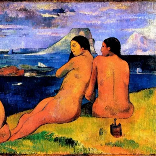 Prompt: Young ladies bathing close to Naples Vesuvio as Paul Gauguin style