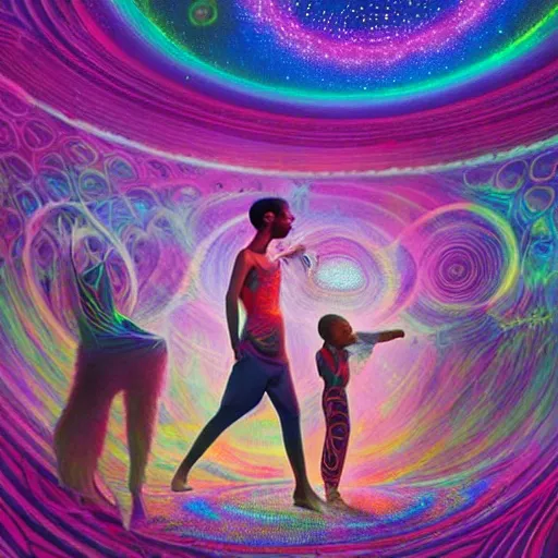 Image similar to african!!! boys and girls playing with holograms and iridescent bubbles of light near the space gates of futuristic heaven, by Adi granov and afarin sajedi and amanda sage and evgeni gordiets and Agostino Arrivabene in a psychedelic portrait style, afofuturism, afropunk, black art, rendered in octane, volumetric lighting, digital illustration, fractal, extremely symmetrical!!, highly detailed faces, 8k, hd.