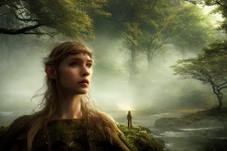 Image similar to an ultra realistic, cinematic, fantasy, headshot portrait, of an elden ring elf, fairy lights, facial features, background of a vast serene landscape, with trees and waterfalls, detailed, deep focus, movie still, dramatic lighting, ray tracing, by michal karcz and yoshitaka amano