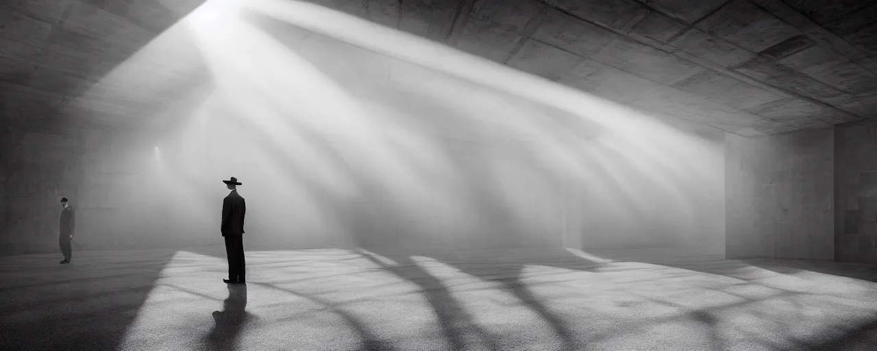 Prompt: Hyper realistic photo of a interior brutalist museum, alone man with suit and hat in the distance, sun rays at sunset, hard shadows, fog, Hyper realistic film photography, Zeiss 24mm f2.8, Hasselblad, insanely detailed, sharp focus