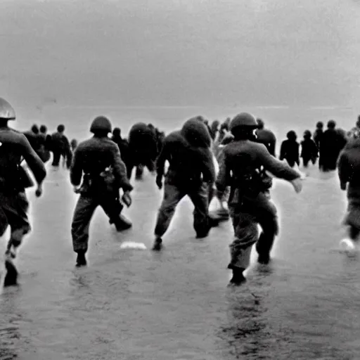 Image similar to the running soldiers in the sea in the d - day, by robert capa,