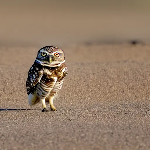 Prompt: a picture of a burrowing owl that didn't sleep standing or perched, he slept in what could be described as a squat with his short stubby tail supporting him and his legs splayed out to the sides