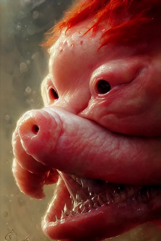 Prompt: red haired white blobfish grinning happily extremely detailed extreme close up portrait dnd, painting by gaston bussiere, craig mullins, greg rutkowski, yoji shinkawa