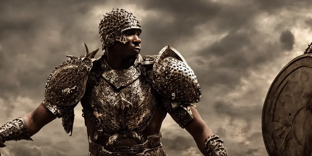 Prompt: african american spartan warrior. With wings. wearing intricate breastplate. many demons. award winning. cinematic still. sharp focus. cinematic lighting.