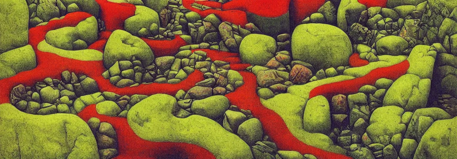 Prompt: a rock garden by m. c. escher, yellow, green, red, snowy, ultra sharp, ultra detailed, cyberpunk, happy, uplifting, colorized by salvador dali