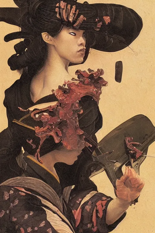 Prompt: Baroque painting of a traditional Kunoichi, inspired by Gustav Moreau and Wayne Barlowe, exquisite detail, hyper realism, ornate, exquisite detail, cute face