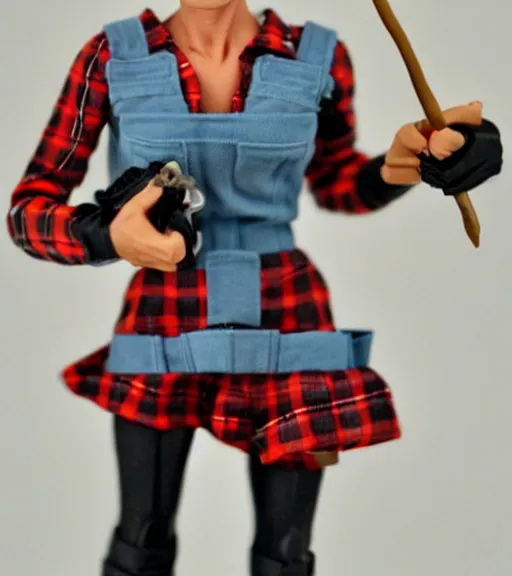 Prompt: audrey hepburn cos play lumberjack, stop motion vinyl action figure, plastic, toy, butcher billy style