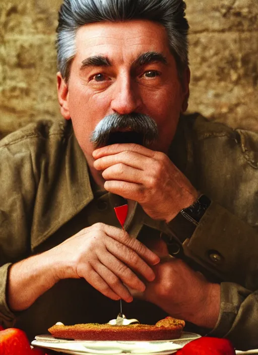 Image similar to closeup portrait of a medieval stalin eating cakes in the cloisters, depth of field, zeiss lens, detailed, symmetrical, centered, fashion photoshoot, by Annie Leibovitz and Steve McCurry, David Lazar, Jimmy Nelsson, Breathtaking, 8k resolution, extremely detailed, beautiful, establishing shot, artistic, hyperrealistic, beautiful face, octane render