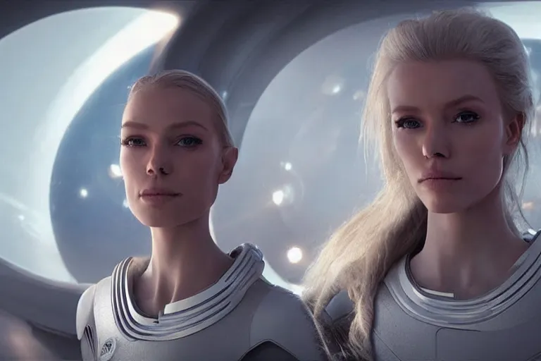 Image similar to VFX movie of a futuristic space woman model gorgeous portrait in inhuman future spaceship, beautiful natural skin natural lighting by Emmanuel Lubezki