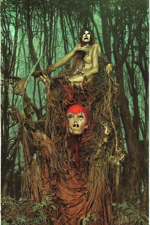 Image similar to a horrible ugly evil witch baba yaga in the forest, by lawrence alma tadema and zdzislaw beksinski and norman rockwell and jack kirby and tom lovell and greg staples