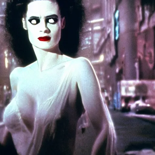 Prompt: cinematic portrait of bride of frankenstein still from the movie bladerunner, fashion photography, a neon sign is in the background
