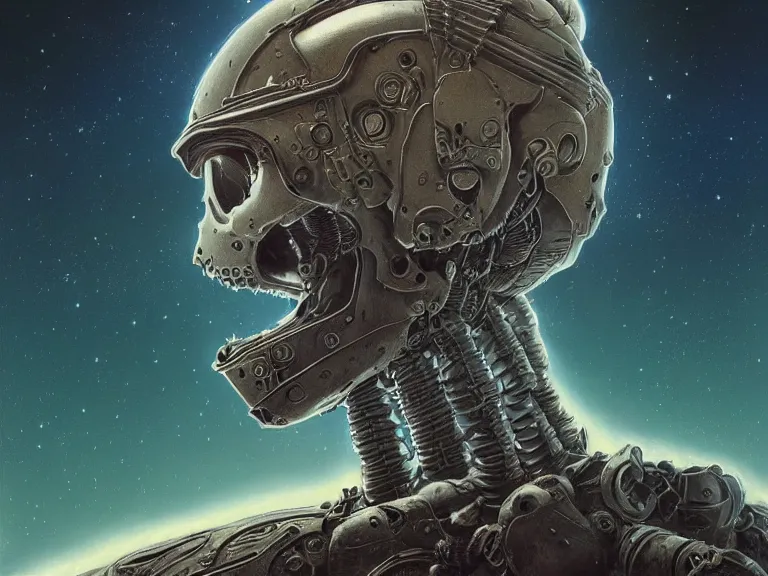 Prompt: a detailed profile illustration of a skeleton in a space armour, cinematic sci-fi poster. technology flight suit, bounty hunter portrait symmetrical and science fiction theme with lightning, aurora lighting clouds and stars by beksinski carl spitzweg and tuomas korpi. baroque elements. baroque element. intricate artwork by moebius. Trending on artstation. 8k