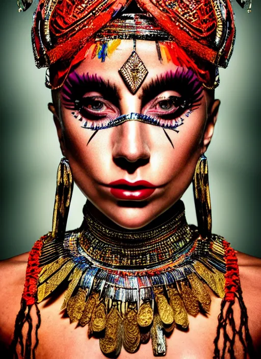 Image similar to lady gaga as a tribal woman, intricate, cinematic lighting, highly detailed, canon 3 5 mm photography, horizontal symmetry, smooth, sharp focus