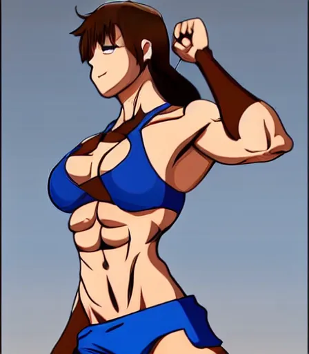Image similar to Brown hair, blue tank top and shorts, muscular anime woman in the style of stanley artgerm