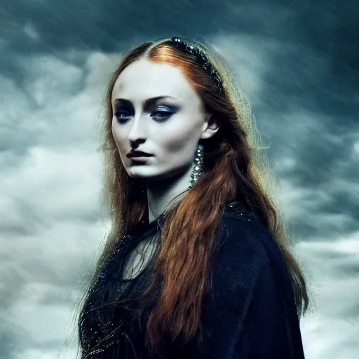 Image similar to sophie turner as a witch, dnd, extreme detail, gorgeous, portrait, beautiful, sharp focus, 4 k, atmospheric, gritty