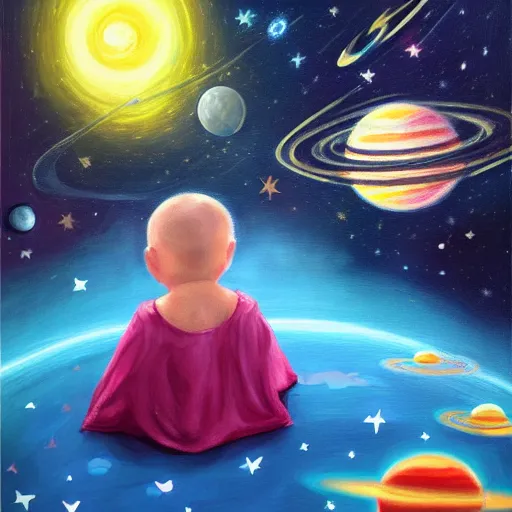 Prompt: sad lonely baby in the middle of space surrounded by colorful stars planets and galaxies, oil painting, trending on artstation