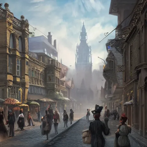 Image similar to street of victorian city, happy, a lot of people, realistic, 8 k, detailed, concept art, trending on artstation