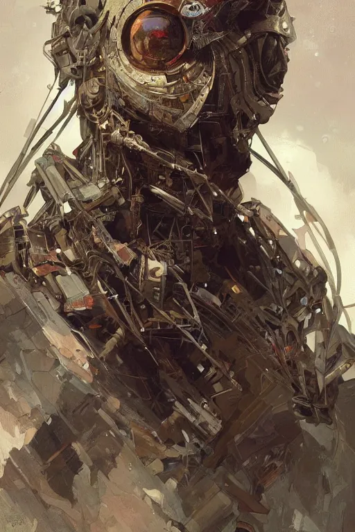 Prompt: A full portrait of a post apocalyptic spiderman machine, intricate, elegant, highly detailed, digital painting, artstation, concept art, smooth, sharp focus, illustration, art by Krenz Cushart and Artem Demura and alphonse mucha