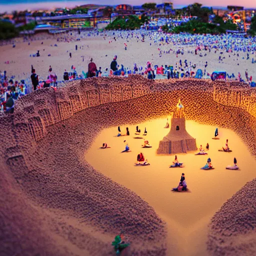 Prompt: gigantic human crowds inside sandcastle, coronation of the sand queen, sunset, tiltshift
