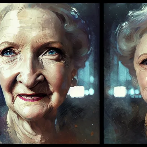 Image similar to betty white, hyperrealistic portrait, bladerunner street, art of elysium by jeremy mann and alphonse mucha, fantasy art, photo realistic, dynamic lighting, artstation, poster, volumetric lighting, very detailed face, 4 k, award winning