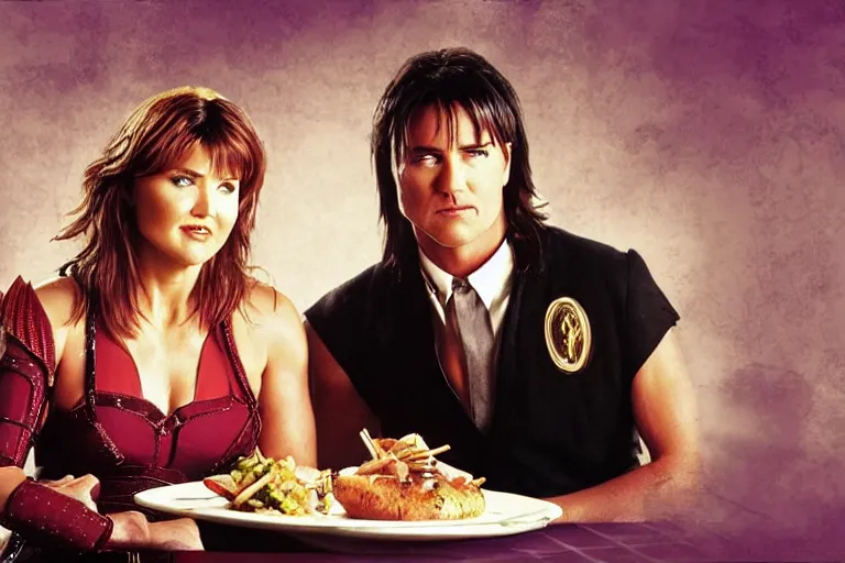 Image similar to lucy lawless, as xena warrior princes, s eating at a restaurant, with a handsome cuban man wearing a suit, digital art