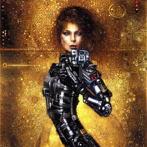 Image similar to cybernetic female supersoldier armed with laser rifle, intricate detail, klimt, royo, whealan,