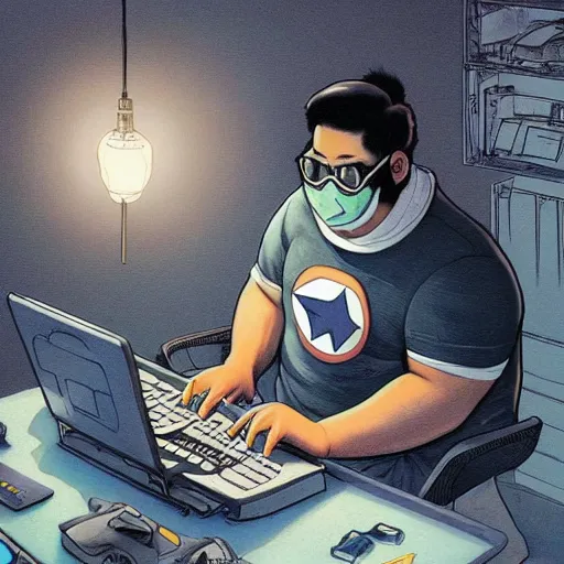 Image similar to an insanely detailed painting of a chubby nerdy asian man wearing a homemade superhero costume and mask, sitting at a computer desk typing on the keyboard, in the style of peter mohrbacher, dramatic lighting and composition, trending on artstation, concept art, comic book, graphic novel, back view