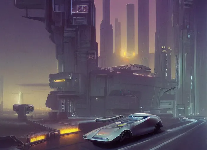 Prompt: a car driving down a street next to tall Forest-1 the night, cyberpunk art by Chesley Bonestell, cgsociety, retrofuturism, matte painting, reimagined by industrial light and magic