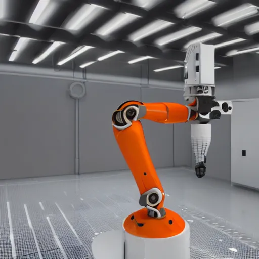 Prompt: kuka industrial robot arm in a white clean room with global illumination