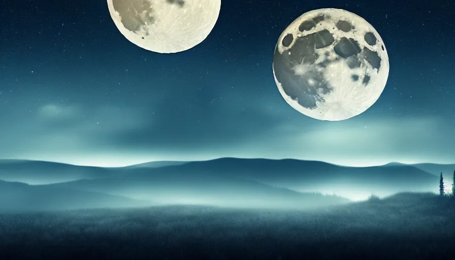 Image similar to a beautiful landscape at night, big moon on the right, stars in the sky, matte painting, dark blue tones, high contrast, intricate details, concept art, 4 k