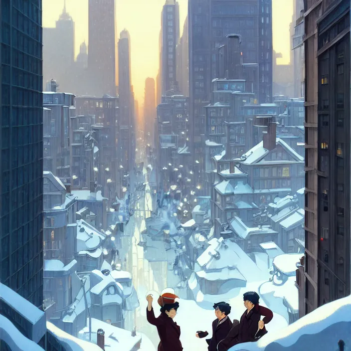 Prompt: american big city, winter, in the style of studio ghibli, j. c. leyendecker, greg rutkowski, artem