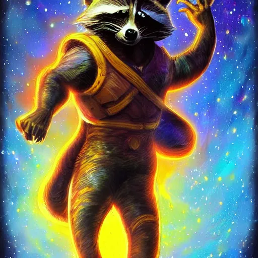 Image similar to a mutant racoon space captain, hdr, artistic, brushstrokes, impressionist, elegant, d&d, fantasy